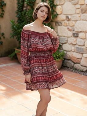 Boho Off-Shoulder Red Patterned Long-Sleeve Dress